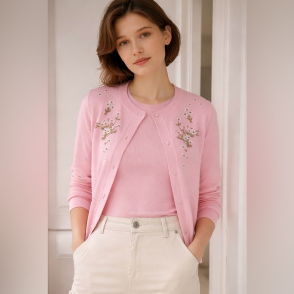 NWT Hill House Audrey Wool Floral Embroidery Cardigan & Top- Matching Set Sz M - Picture 6 of 16